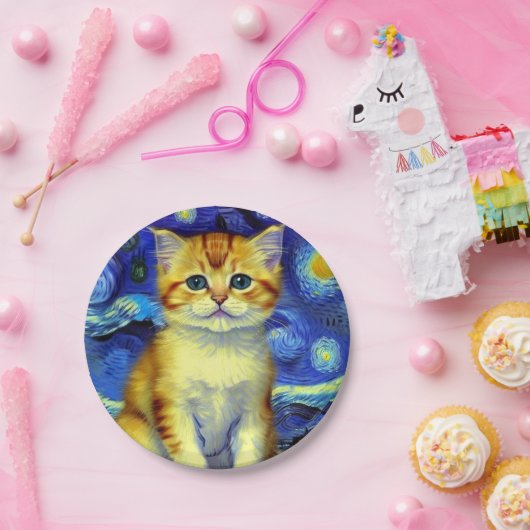 Assiettes En Carton Cute Kitten Starry Night Van Gogh (Fête)