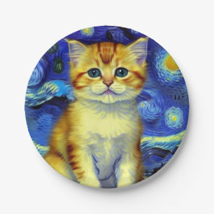 Assiettes En Carton Cute Kitten Starry Night Van Gogh
