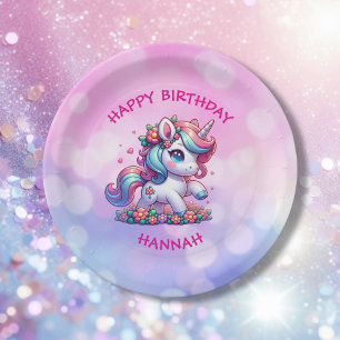 Assiettes En Carton Cute Magical Unicorn Personnalisé Anniversaire de 