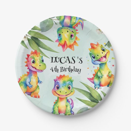 Assiettes En Carton Cute Magique Rainbow Dinosaur Bonne fête d'anniver (Devant)