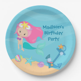 Assiettes En Carton Cute Mermaid Girl Beach Personnalisé Enfant fête d