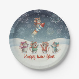 Assiettes En Carton Cute Mice Happy New Year Fireworks