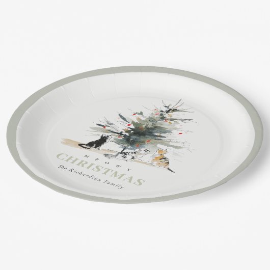 Assiettes En Carton Cute Moderne Aquarelle Meowy Arbre de Noël Chats (Angle)