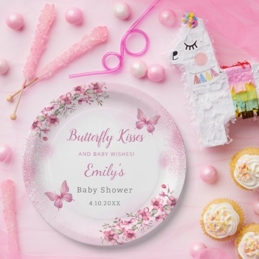 Assiettes En Carton Cute Moderne rose florale papillon fille Baby show (Fête)