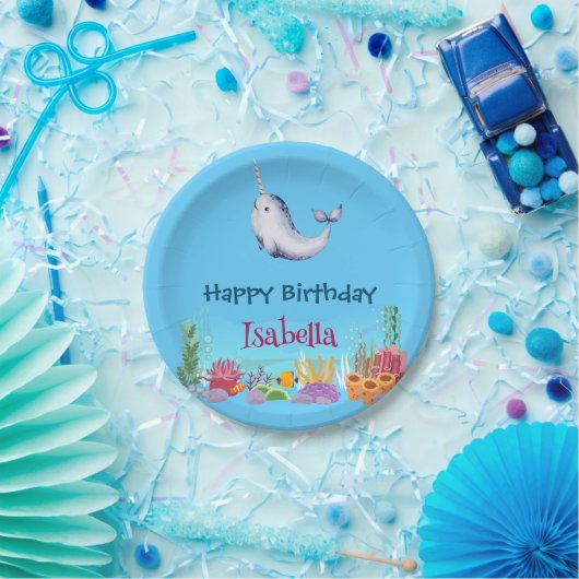 Assiettes En Carton Cute Narwhal Fish Unicorn Baleine mer Anniversaire (Fête)