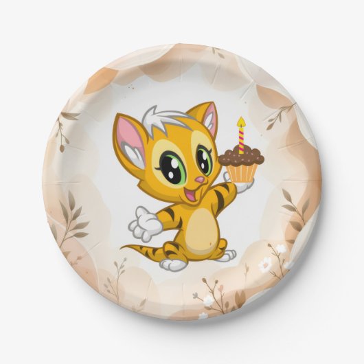 Assiettes En Carton Cute Orange Kitty Chat Plaques de papier d'anniver (Devant)