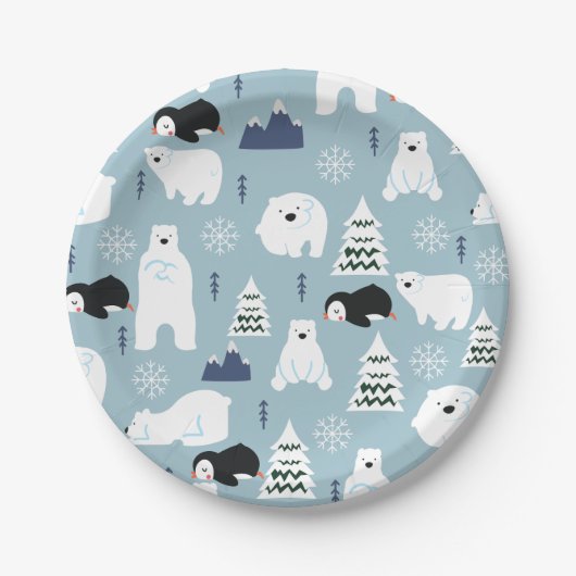 Assiettes En Carton Cute Ours d'hiver et Pingouin Pastel Blue Party (Devant)