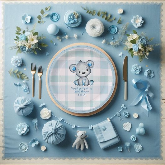 Assiettes En Carton Cute ours Garçon Plaid Bleu