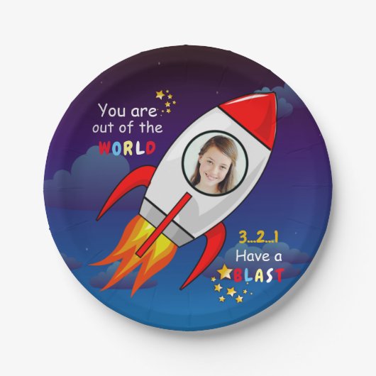 Assiettes En Carton Cute Outer Space Rocket Ship Blast Off Birthday (Devant)