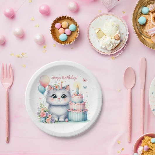Assiettes En Carton Cute Pastel Kitten Gâteau d'anniversaire - Anniver