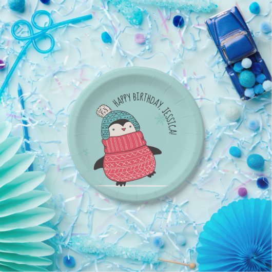 Assiettes En Carton Cute Penguin dans un pull personnalisé (Fête)