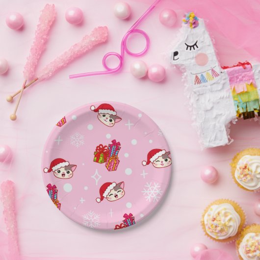 Assiettes En Carton Cute Père Noël Kitties Plaques de Noël rose (Fête)