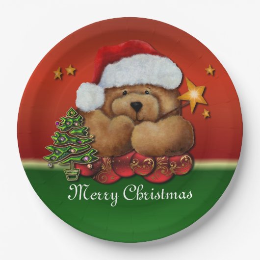 Assiettes En Carton Cute Père Noël Ours Plaques Papier de Noël (Devant)