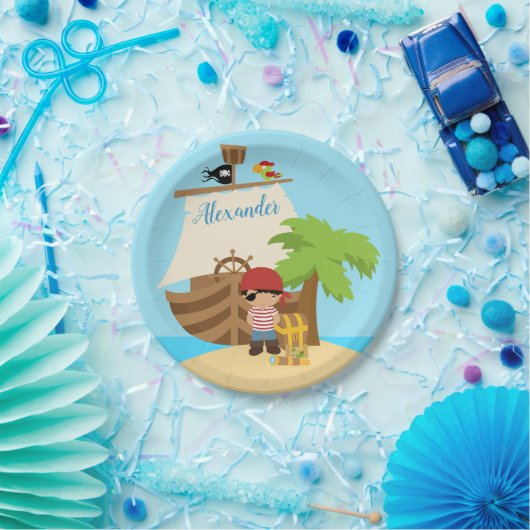 Assiettes En Carton Cute Pirate Boy & A Big Ship Custom Name (Fête)