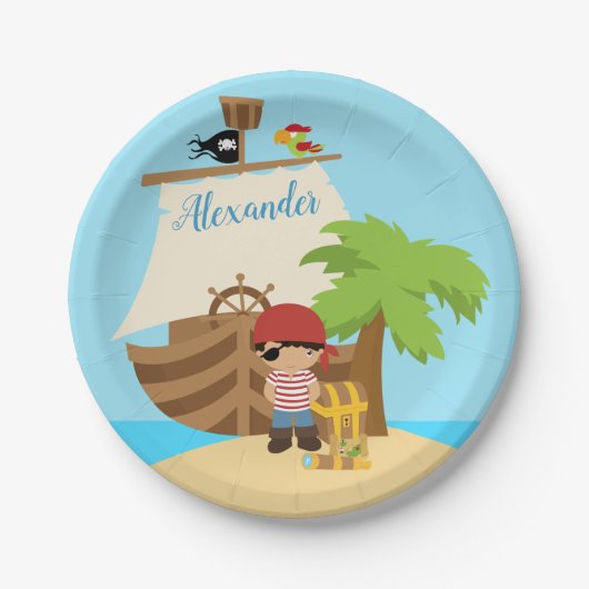 Assiettes En Carton Cute Pirate Boy & A Big Ship Custom Name (Devant)