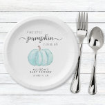 Assiettes En Carton Cute Pumpkin Aquarelle Garçon Bébé Douche<br><div class="desc">Plaques en papier mignonnes pour votre bébé garçon douche avec "Un petit Citrouille sucré est en route" en simple typographie grise et un script élégant,  et une aquarelle bleu pastel d'un citrouille.</div>