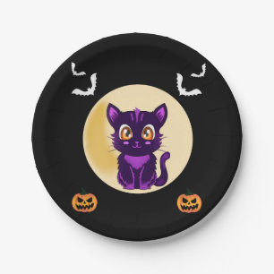 Assiettes En Carton Cute Purple Cartoon chat enfants halloween fête