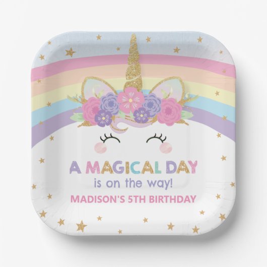 Assiettes En Carton Cute Rainbow Unicorn 1er 2e anniversaire Budget de (Recto)