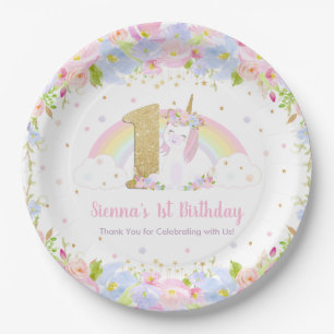 Assiettes En Carton Cute Rainbow Unicorn Floral 1er Anniversaire