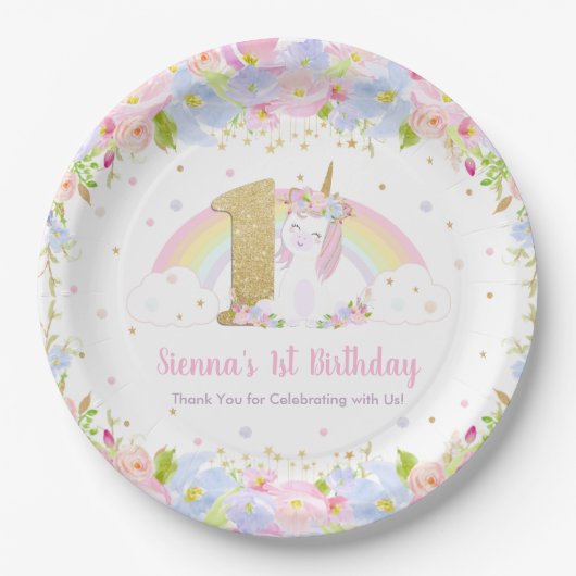 Assiettes En Carton Cute Rainbow Unicorn Floral 1er Anniversaire (Devant)