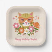 Assiettes En Carton Cute Retro Floral Fille Chat Anniversaire (Recto)