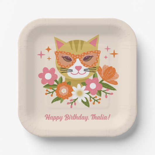 Assiettes En Carton Cute Retro Floral Fille Chat Anniversaire (Recto)