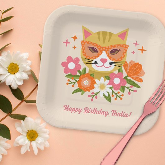 Assiettes En Carton Cute Retro Floral Fille Chat Anniversaire