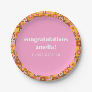 Assiettes En Carton Cute Retro Floral Rose Orange Graduation personnal