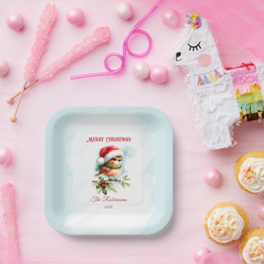 Assiettes En Carton Cute Robin À Santa Hat Classique Carré De Noël (Fête)