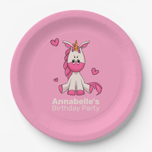 Assiettes En Carton Cute Rose Unicorn Fille Anniversaire (Devant)
