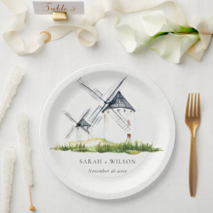 Assiettes En Carton Cute Rustic Watercolor Windmill Mariage de thème d