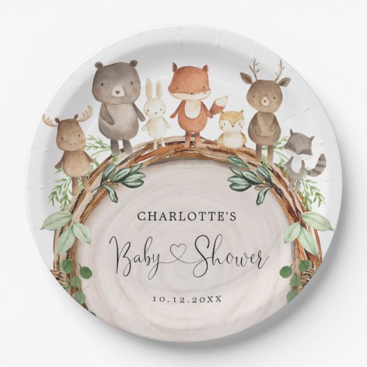 Assiettes En Carton Cute Rustic Woodland Animaux Forêt Baby shower (Devant)