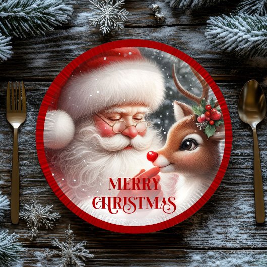 Assiettes En Carton Cute Santa and Rudolph Kids Christmas Dinner Plate
