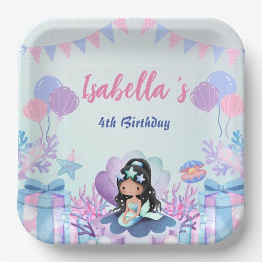 Assiettes En Carton Cute Sirène Arc-en-ciel Aquarelle fête d'anniversa (Recto)