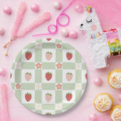 Assiettes En Carton Cute Strawberry Gingham Pastel Green 1st Birthday (Fête)