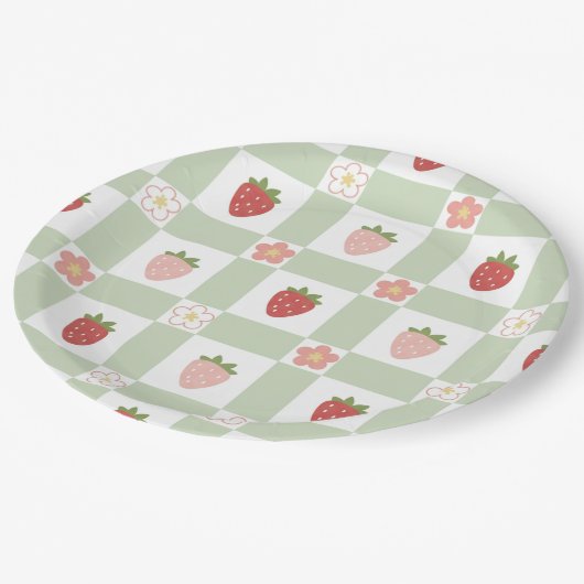 Assiettes En Carton Cute Strawberry Gingham Pastel Green 1st Birthday (Angle)