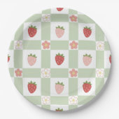 Assiettes En Carton Cute Strawberry Gingham Pastel Green 1st Birthday (Devant)