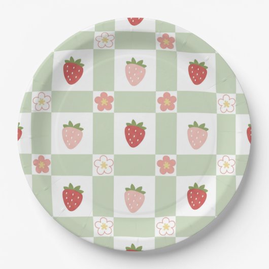 Assiettes En Carton Cute Strawberry Gingham Pastel Green 1st Birthday (Devant)