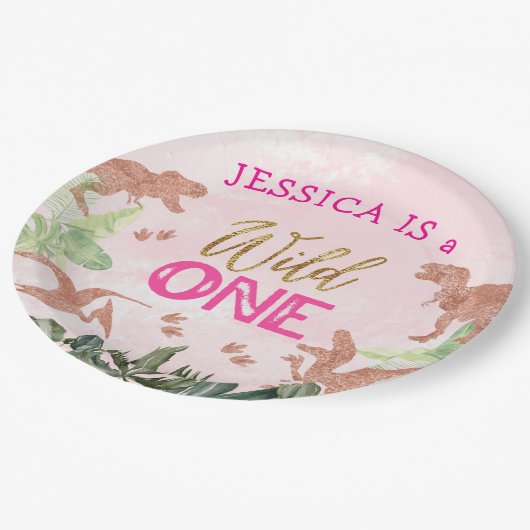 Assiettes En Carton Cute T Rex Dinosaur Fille 1er anniversaire (Angle)