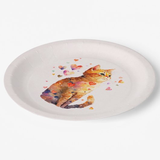 Assiettes En Carton Cute Tabby Chat avec Coeurs (Angle)
