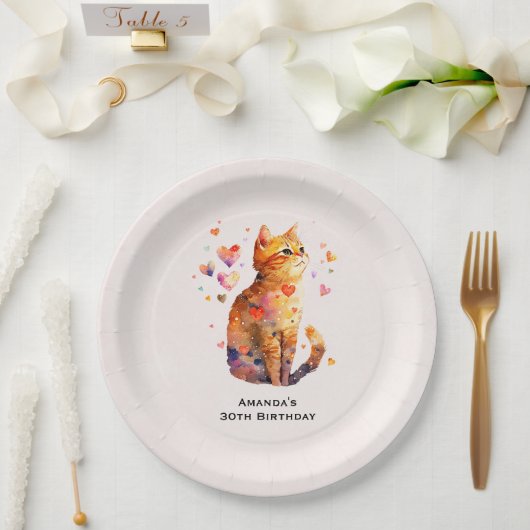 Assiettes En Carton Cute Tabby Chat avec Coeurs Anniversaire (Mariage)