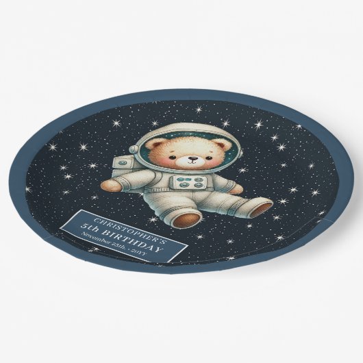 Assiettes En Carton Cute Teddy Astronaut garçon Baby shower plaque en (Angle)