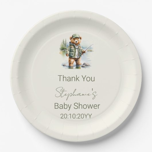 Assiettes En Carton Cute Teddy Bear Pêcheur Reel Baby shower excité (Devant)