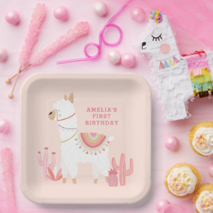 Assiettes En Carton Cute Tout Llama Fun Rose 1er Anniversaire