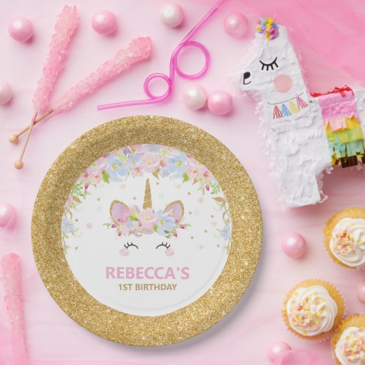 Assiettes En Carton Cute Unicorn 1er anniversaire Parties scintillant (Fête)
