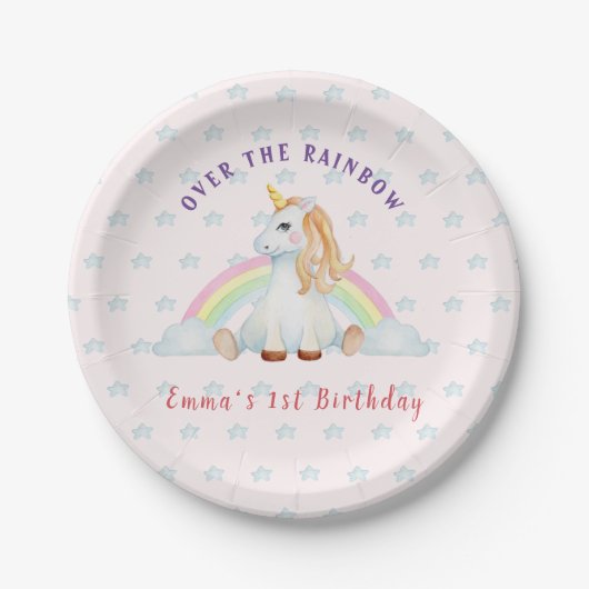 Assiettes En Carton Cute Unicorn aquarelle rose 1er anniversaire (Devant)