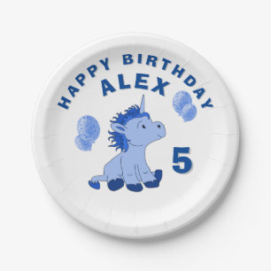 Assiettes En Carton Cute Unicorn Blue Boy`s Birday Party