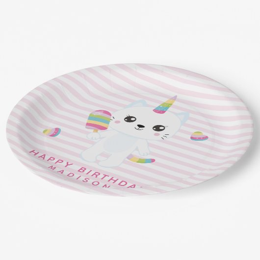 Assiettes En Carton Cute Unicorn Chat - Rose strié (Angle)