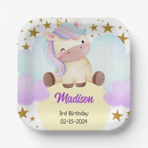 Assiettes En Carton Cute Unicorn et Gold Stars Anniversaire