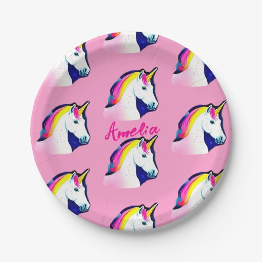 Assiettes En Carton Cute Unicorn Nom magique Fille Anniversaire (Devant)